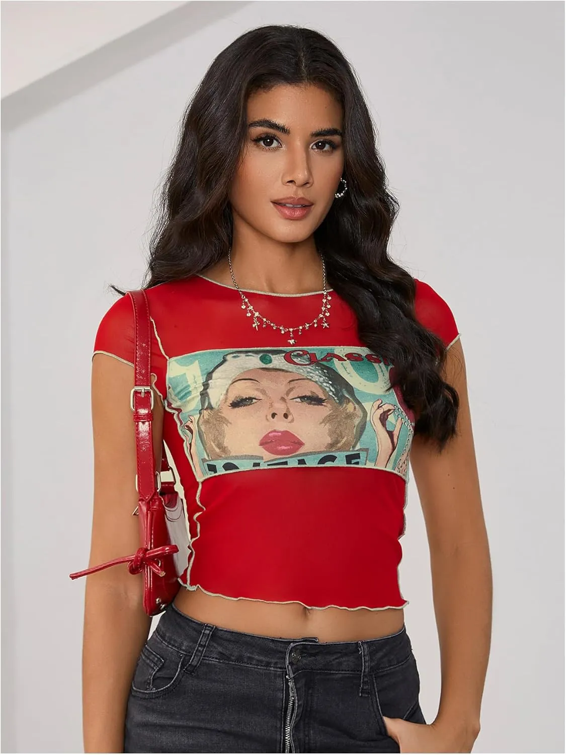 MakeMeChic Women's Y2k Mesh Top Short Sleeve Graphic Baby Tee Crop T Shirt Tops