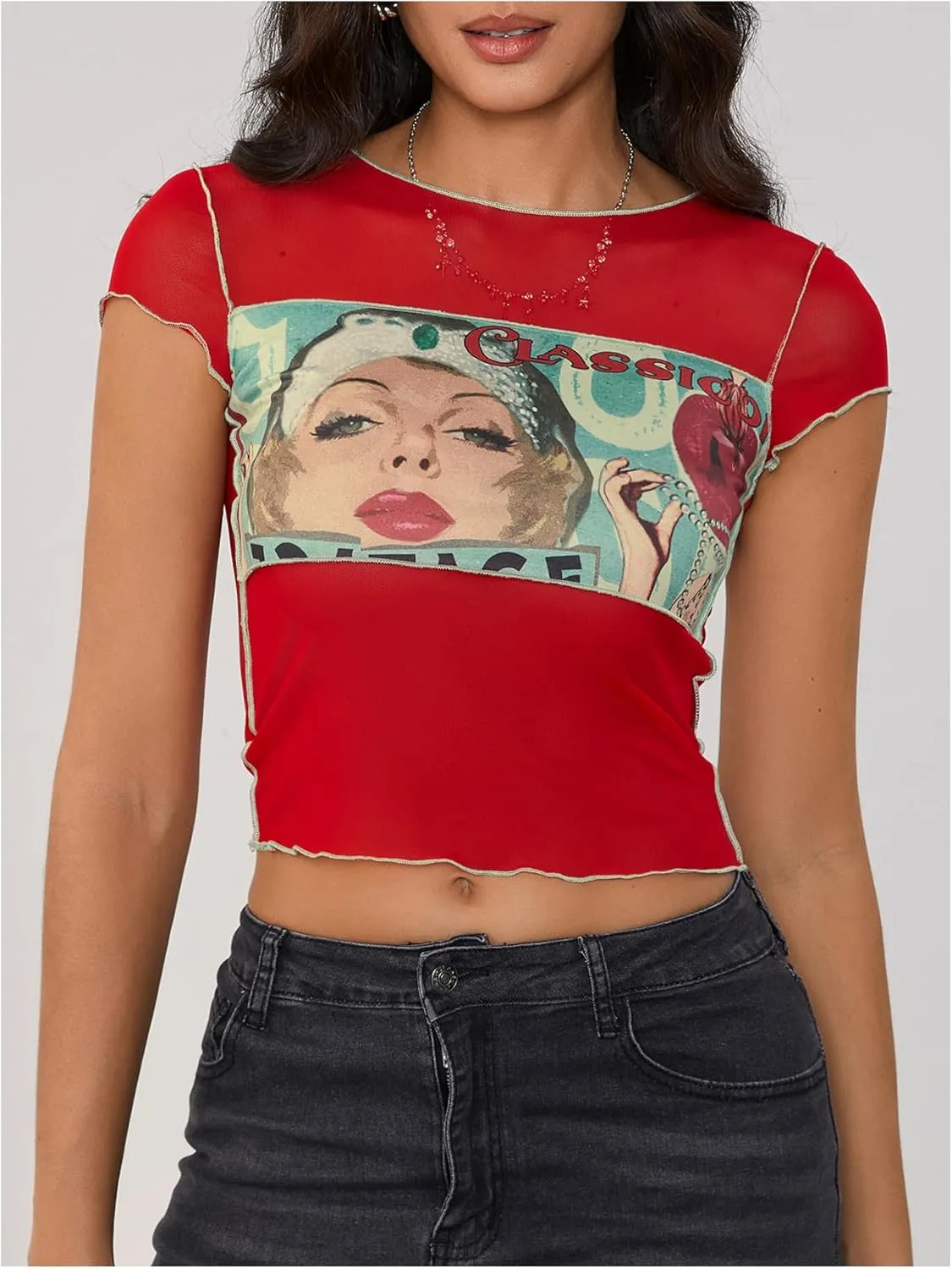 MakeMeChic Women's Y2k Mesh Top Short Sleeve Graphic Baby Tee Crop T Shirt Tops