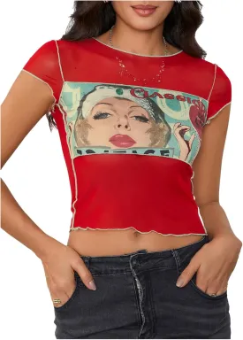 MakeMeChic Women's Y2k Mesh Top Short Sleeve Graphic Baby Tee Crop T Shirt Tops
