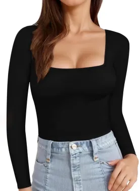 MANGOPOP Womens Square Neck T Shirts Long Sleeve Short Sleeve Tops Fitted Tees