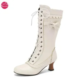Merendy Kalboba Round toe Block Heel Lace-up White Victorian Boots
