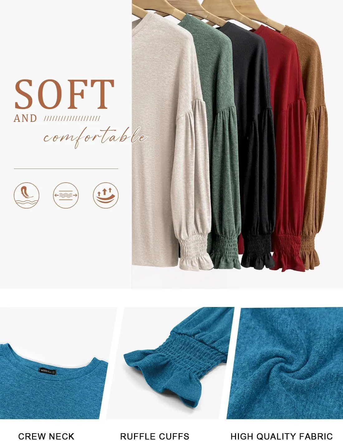 MIHOLL Womens Long Sleeve Tops Crew Neck Ruffle Lantern Sleeve Casual Loose Blouse T Shirts