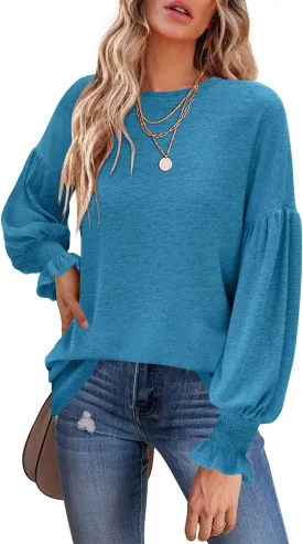 MIHOLL Womens Long Sleeve Tops Crew Neck Ruffle Lantern Sleeve Casual Loose Blouse T Shirts