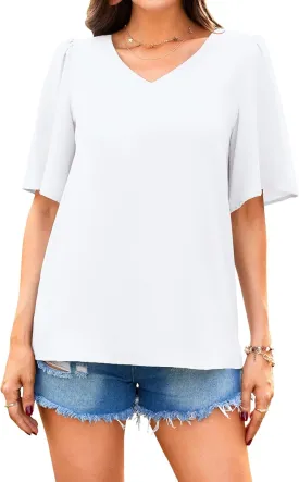 Neineiwu Women's Summer V Neck Floral Print Blouse Short Sleeve Loose Top Shirts