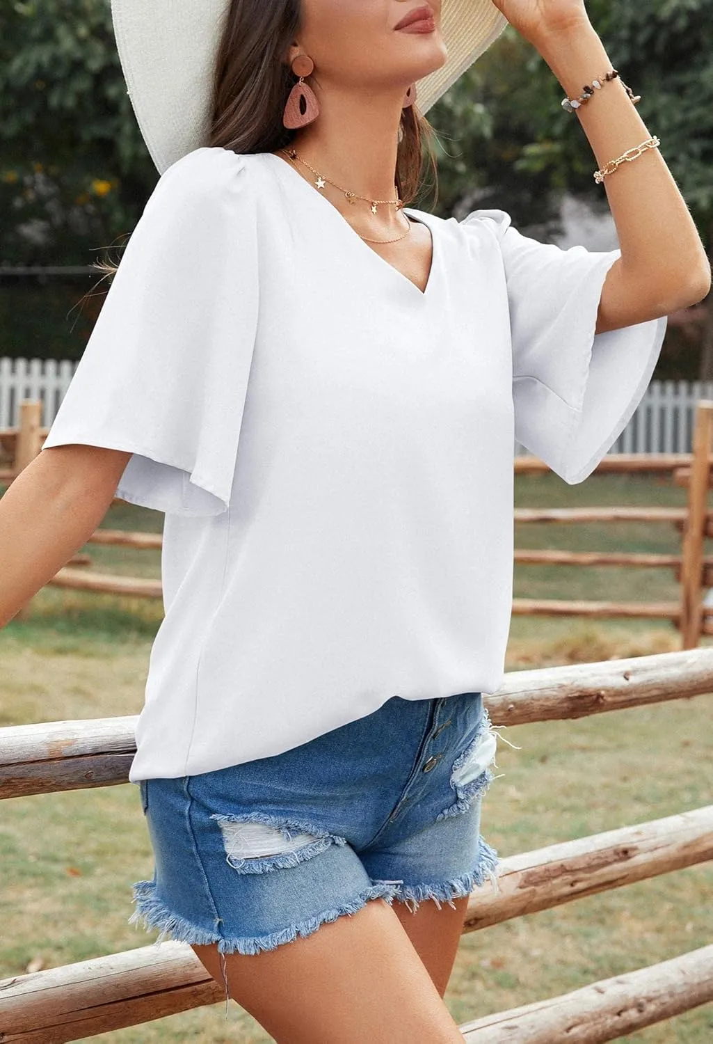 Neineiwu Women's Summer V Neck Floral Print Blouse Short Sleeve Loose Top Shirts