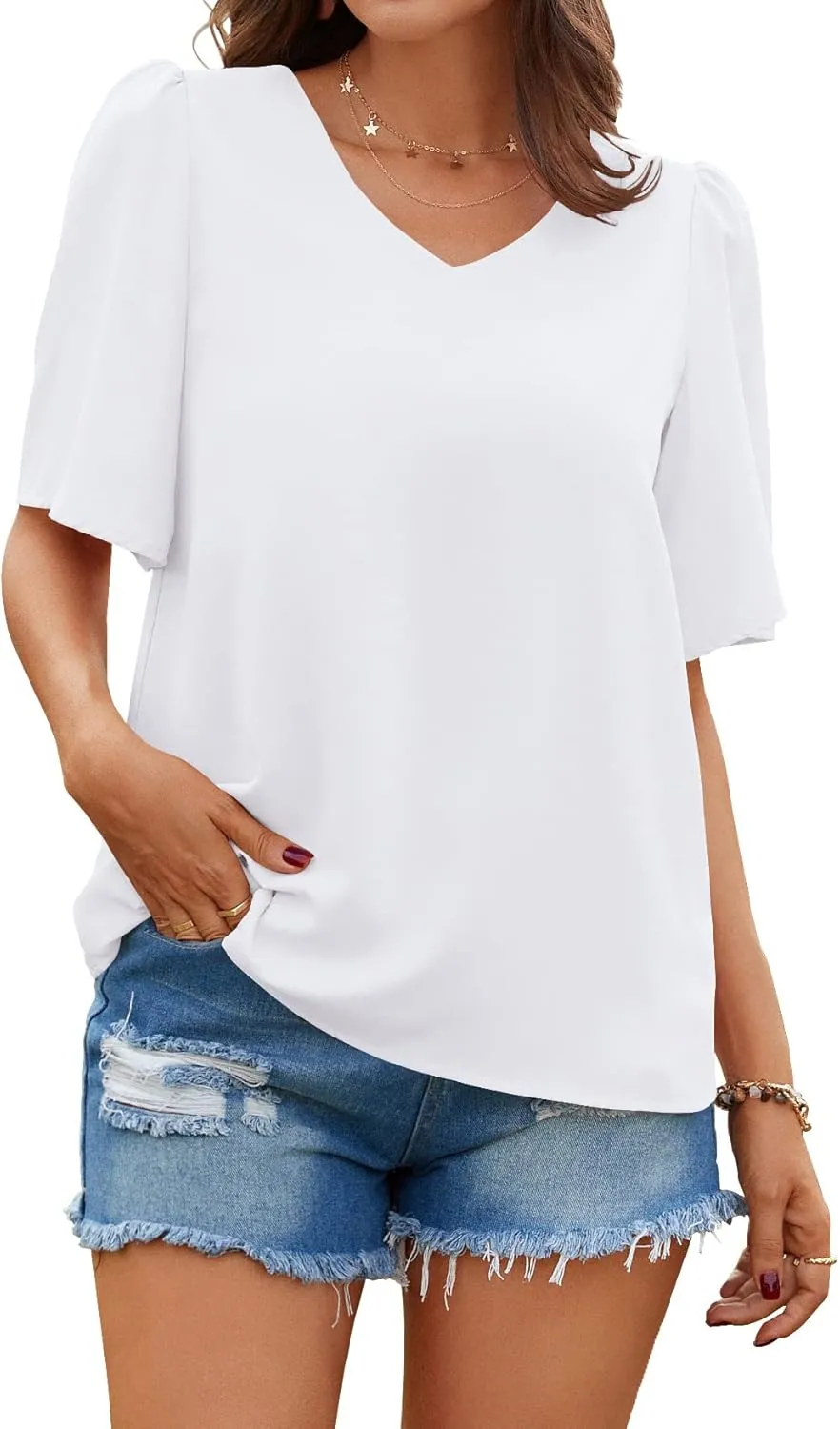 Neineiwu Women's Summer V Neck Floral Print Blouse Short Sleeve Loose Top Shirts