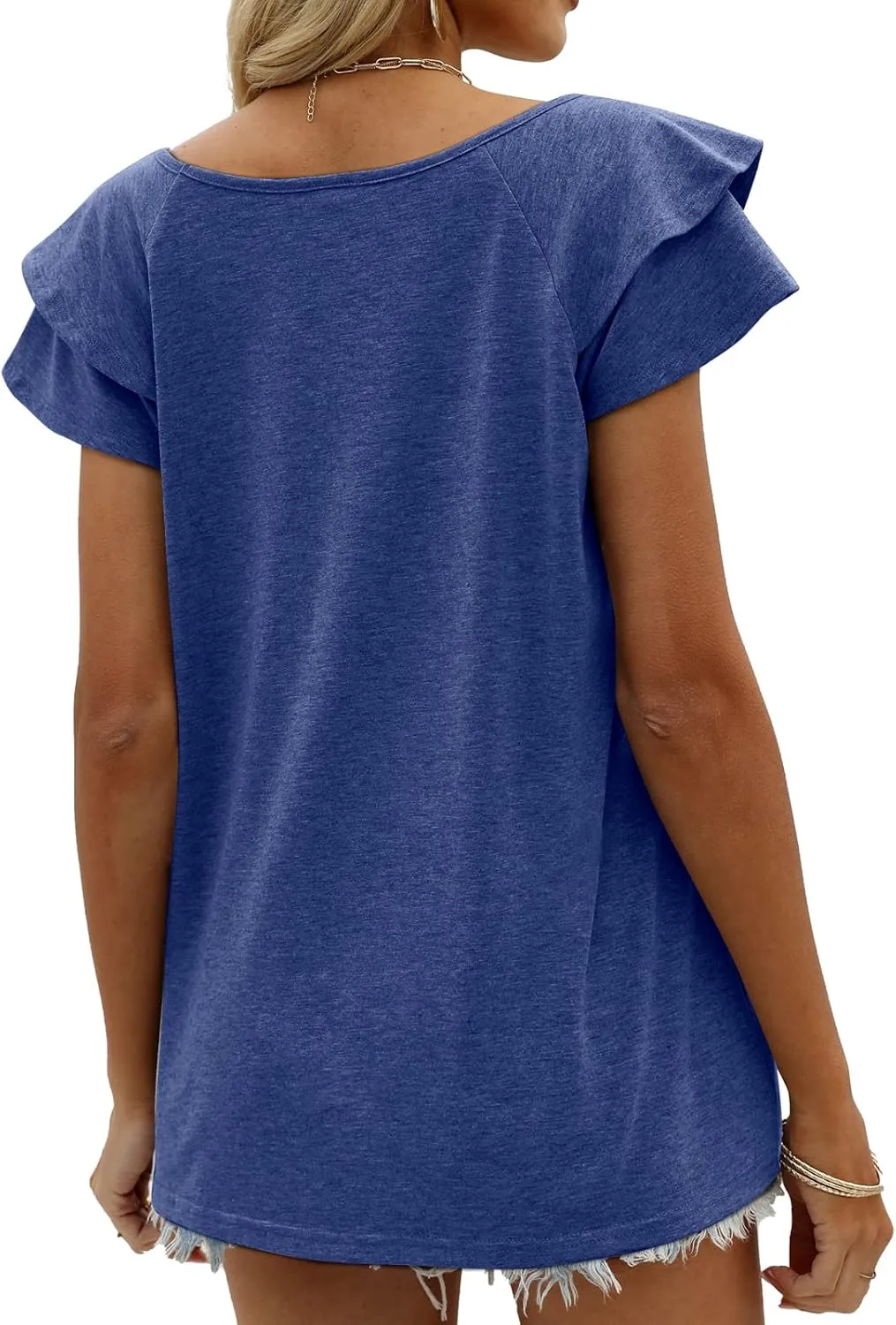 OFEEFAN Womens Summer Tops Ruffle Short Sleeve V Neck T-Shirts Casual Loose Fit