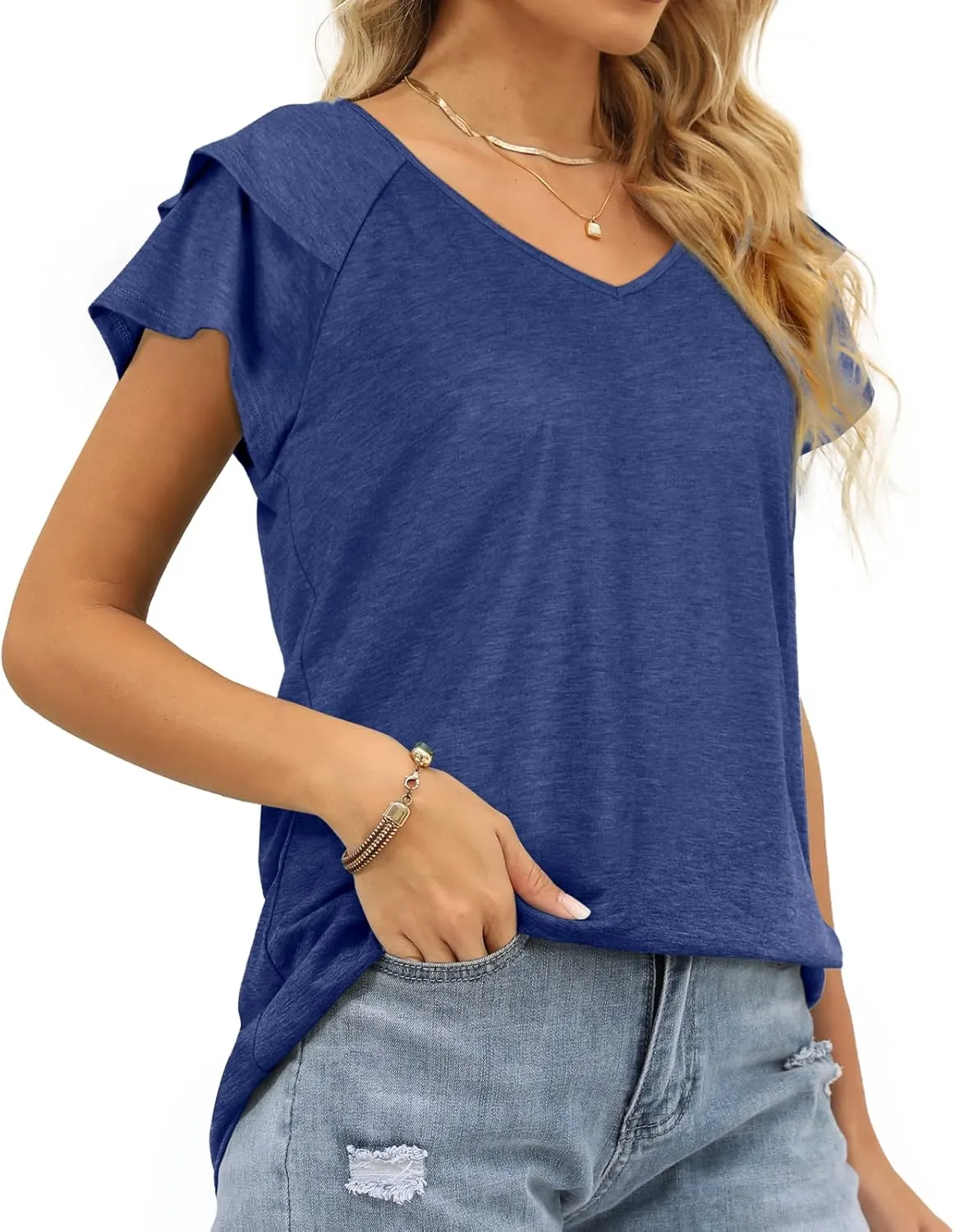 OFEEFAN Womens Summer Tops Ruffle Short Sleeve V Neck T-Shirts Casual Loose Fit