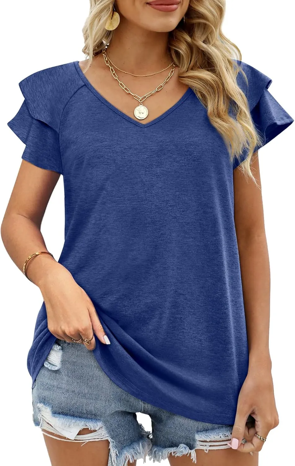 OFEEFAN Womens Summer Tops Ruffle Short Sleeve V Neck T-Shirts Casual Loose Fit