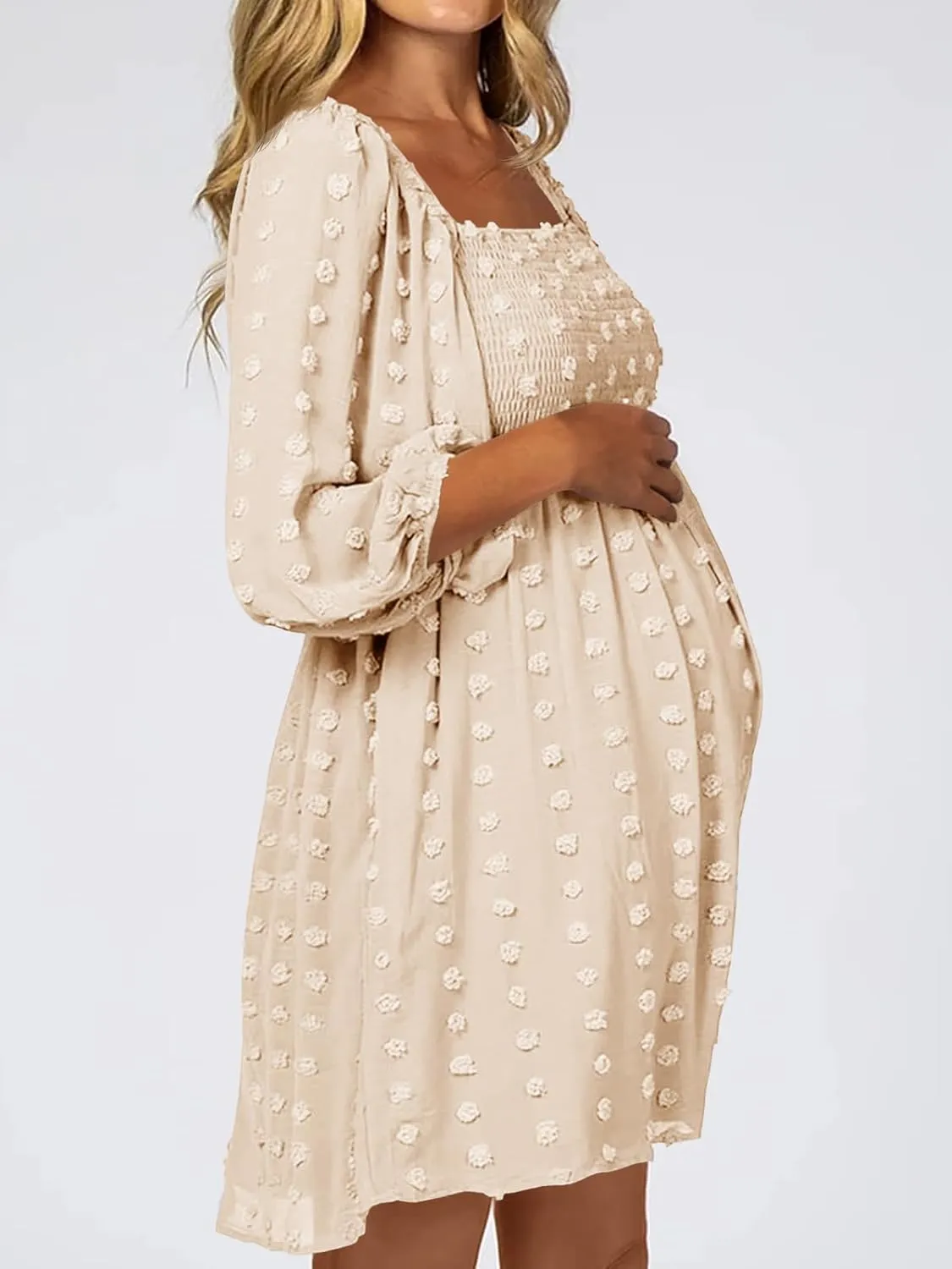 Ofenbuy Women's Long Sleeve Maternity Dress Square Neck Swiss Dot Casual Loose Short Dresses