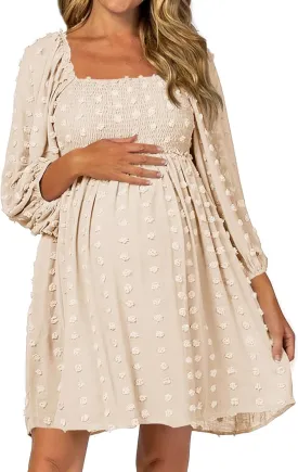 Ofenbuy Women's Long Sleeve Maternity Dress Square Neck Swiss Dot Casual Loose Short Dresses