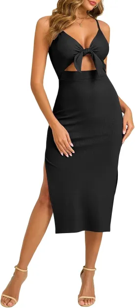 oten Women's Sexy Spaghetti Strap Tie Knot Cut Out Bodycon Sleeveless Ribbed Knit Slit Club Party Midi Dresses
