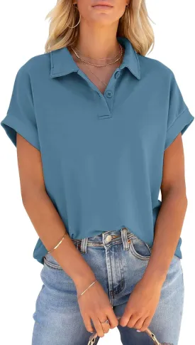 PGANDS Women's Short Sleeve Polo Shirts Collared V Neck Button Summer Casual Top