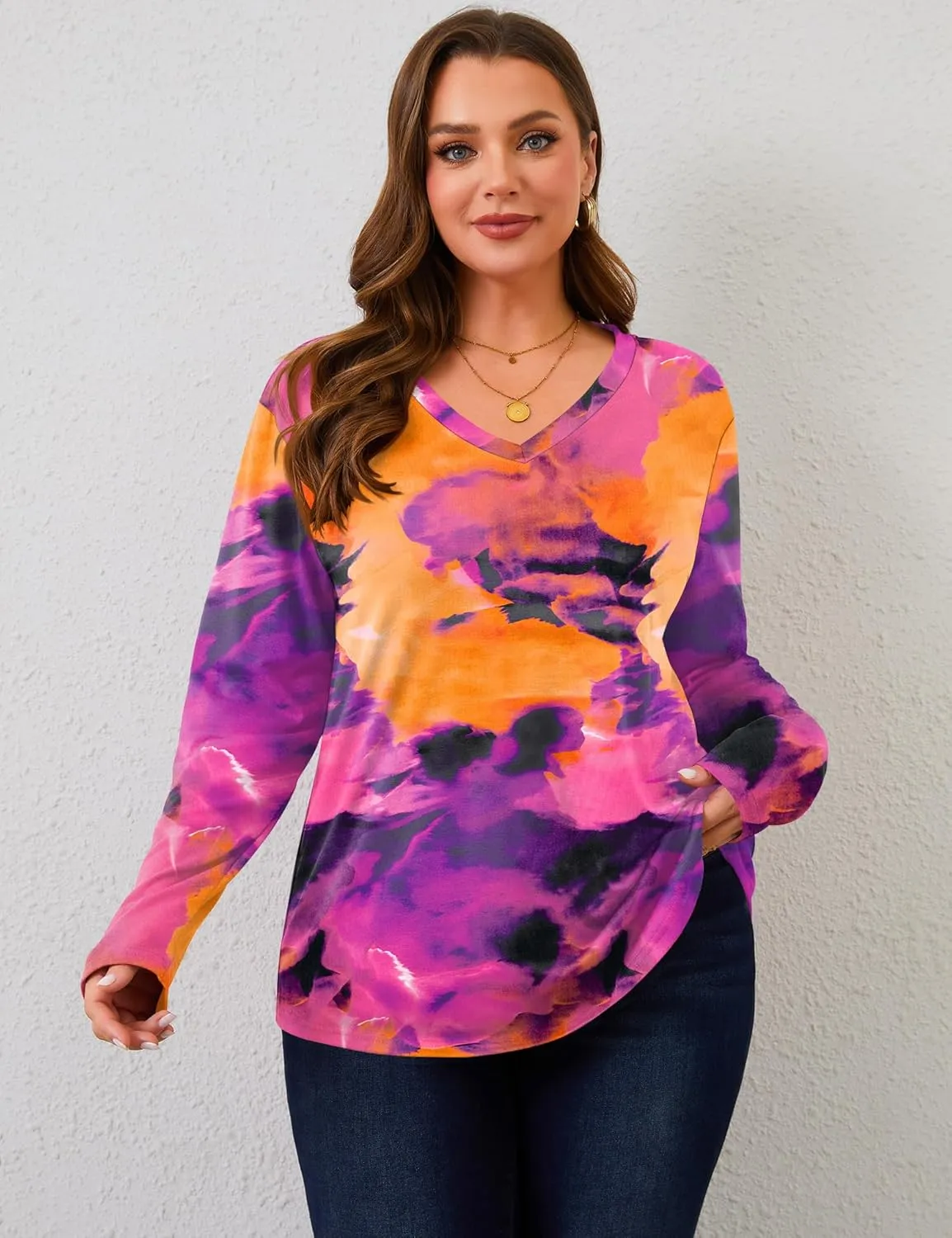 Rapbin Plus Size Tops for Women Long Sleeve Shirts V Neck Sweater Floral Blouses 2024 XL-5XL
