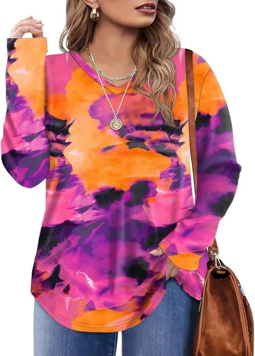 Rapbin Plus Size Tops for Women Long Sleeve Shirts V Neck Sweater Floral Blouses 2024 XL-5XL