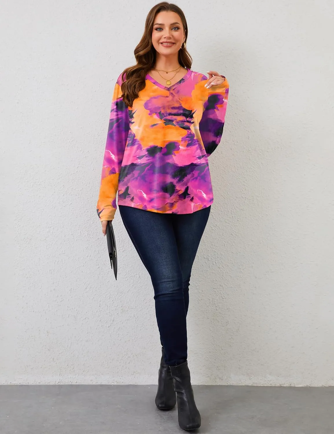 Rapbin Plus Size Tops for Women Long Sleeve Shirts V Neck Sweater Floral Blouses 2024 XL-5XL