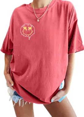 Remidoo Women's Casual Short Sleeve Graphic Oversized T Shirt Loose Letter Print Tee Top Blouse