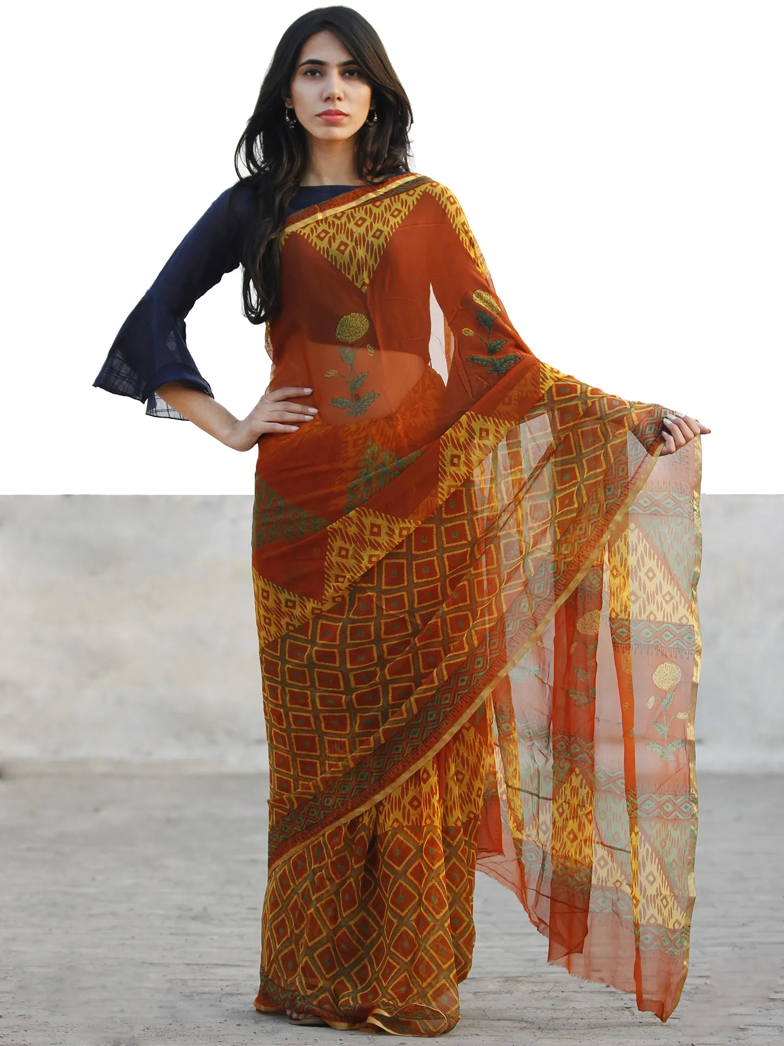 Rust Yellow Green  Hand Block Printed Chiffon Saree with Zari border- S031702725