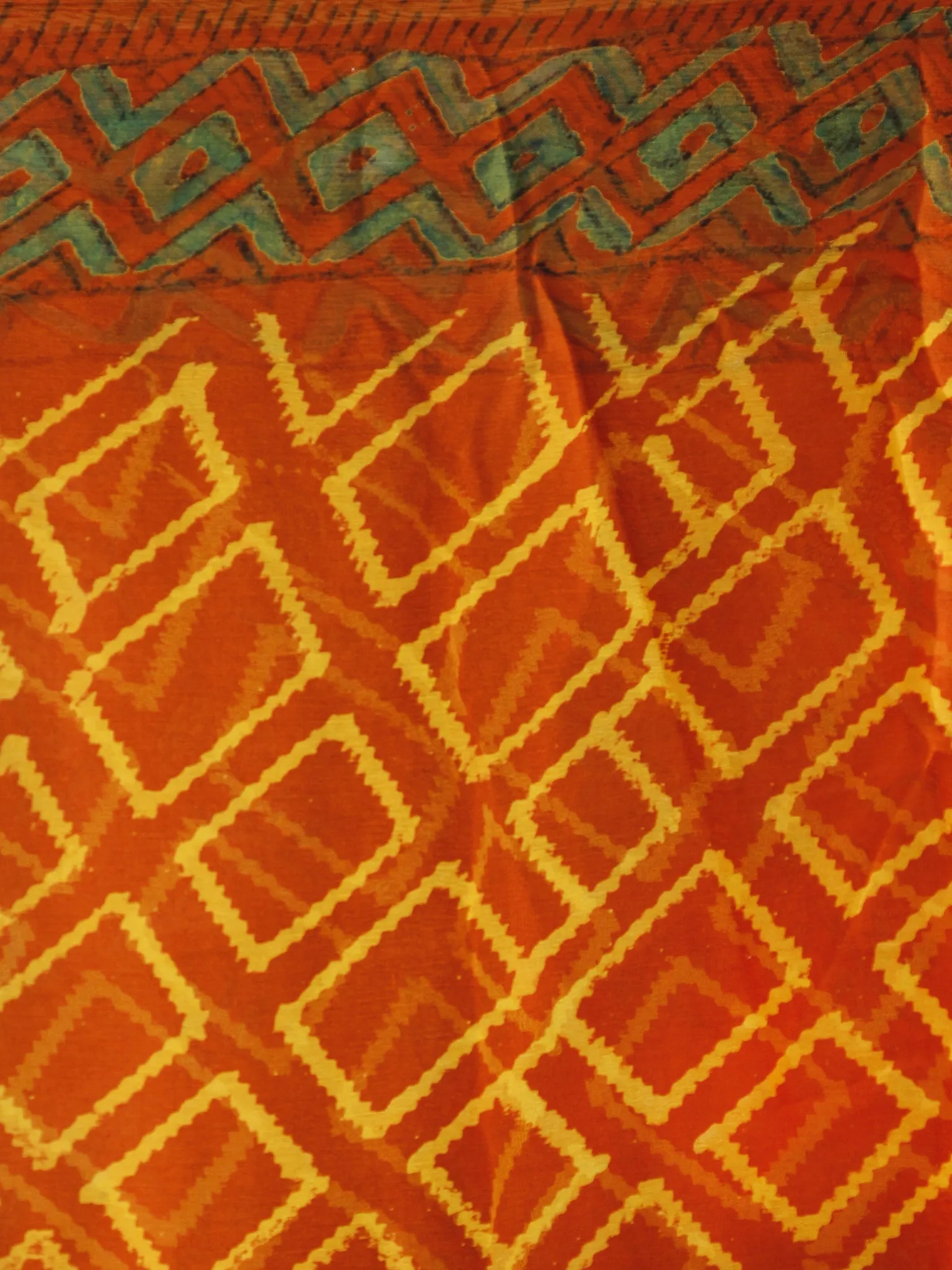 Rust Yellow Green  Hand Block Printed Chiffon Saree with Zari border- S031702725