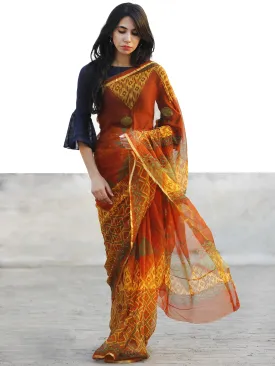 Rust Yellow Green  Hand Block Printed Chiffon Saree with Zari border- S031702725