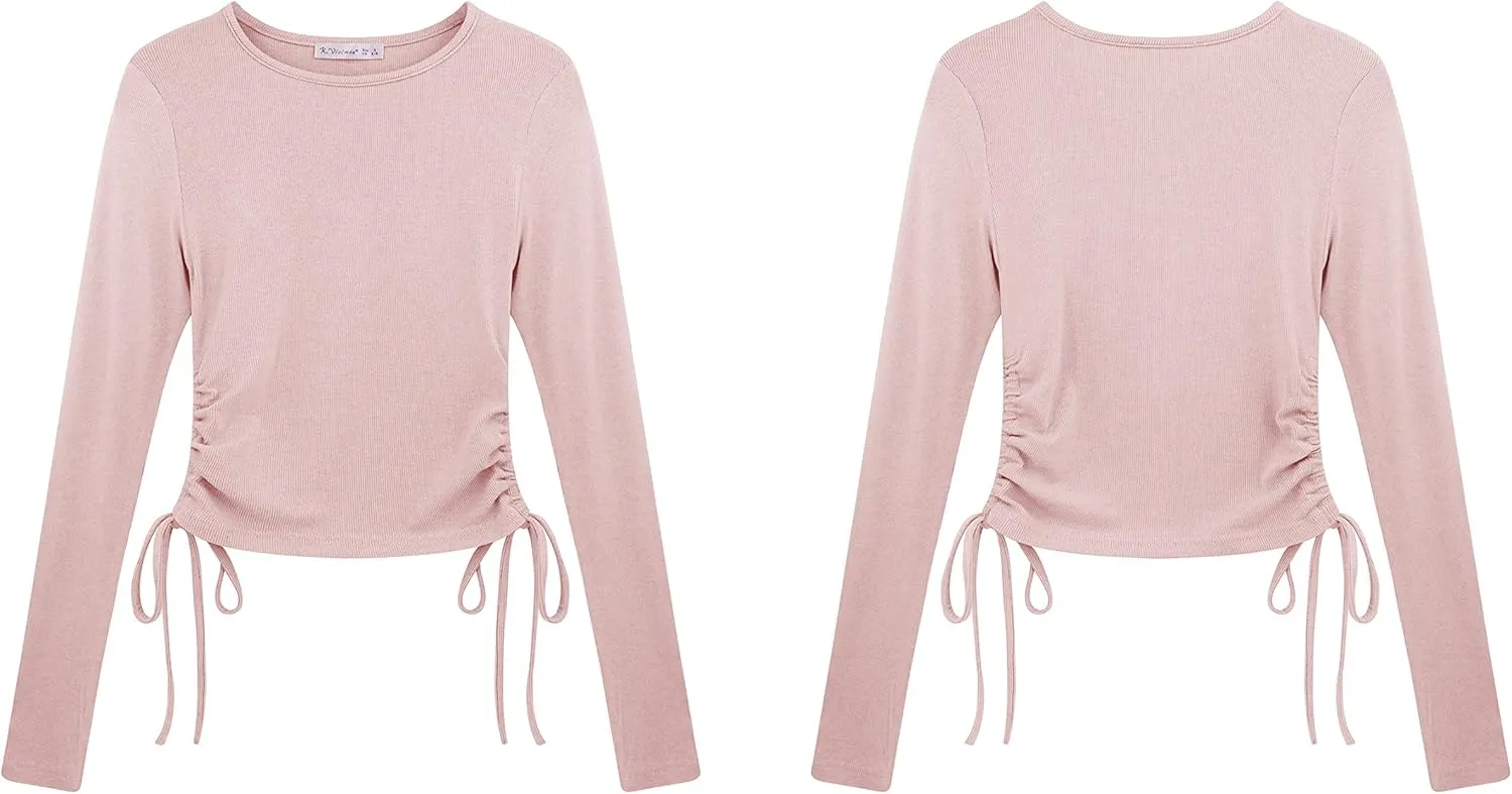R.Vivimos Women's Fall Long Sleeve T Shirts Ruched Drawstrings Knit Stretchy Slim Crop Tops