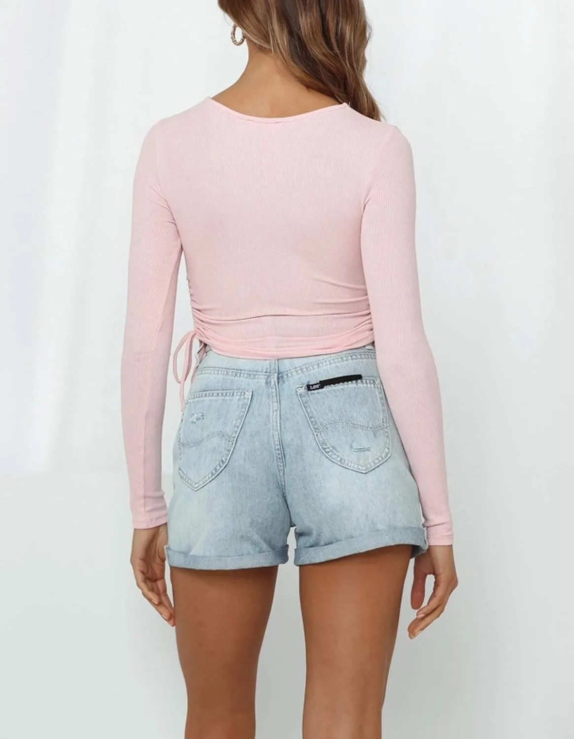 R.Vivimos Women's Fall Long Sleeve T Shirts Ruched Drawstrings Knit Stretchy Slim Crop Tops