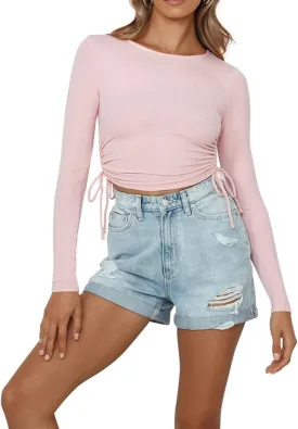 R.Vivimos Women's Fall Long Sleeve T Shirts Ruched Drawstrings Knit Stretchy Slim Crop Tops
