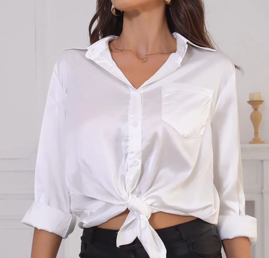 Satin Silk Button Up Blouses for Women Dressy Casual - Button Down Shirts Long Sleeve Office Tops with Pocket