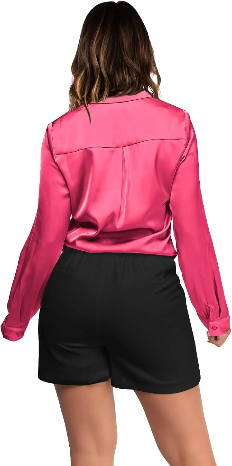 Satin Silk Button Up Blouses for Women Dressy Casual - Button Down Shirts Long Sleeve Office Tops with Pocket