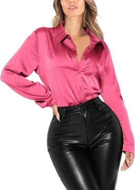 Satin Silk Button Up Blouses for Women Dressy Casual - Button Down Shirts Long Sleeve Office Tops with Pocket