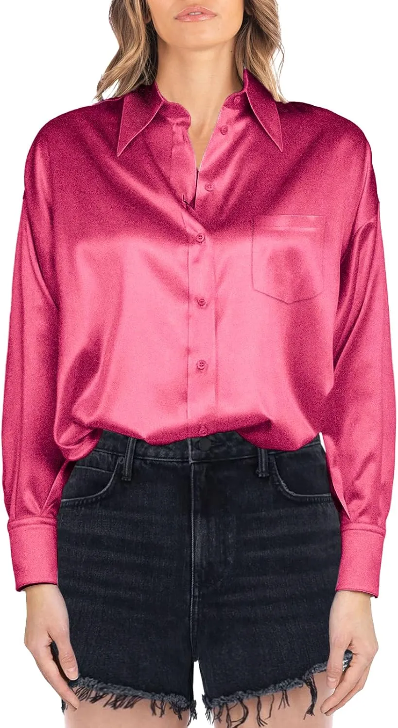 Satin Silk Button Up Blouses for Women Dressy Casual - Button Down Shirts Long Sleeve Office Tops with Pocket