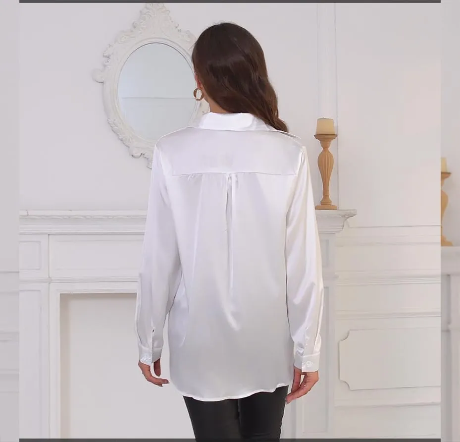 Satin Silk Button Up Blouses for Women Dressy Casual - Button Down Shirts Long Sleeve Office Tops with Pocket
