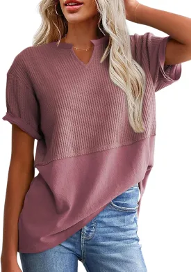 SHEWIN Womens Casual V Neck Waffle Knit Tops Short Sleeve T Shirts Loose Blouses