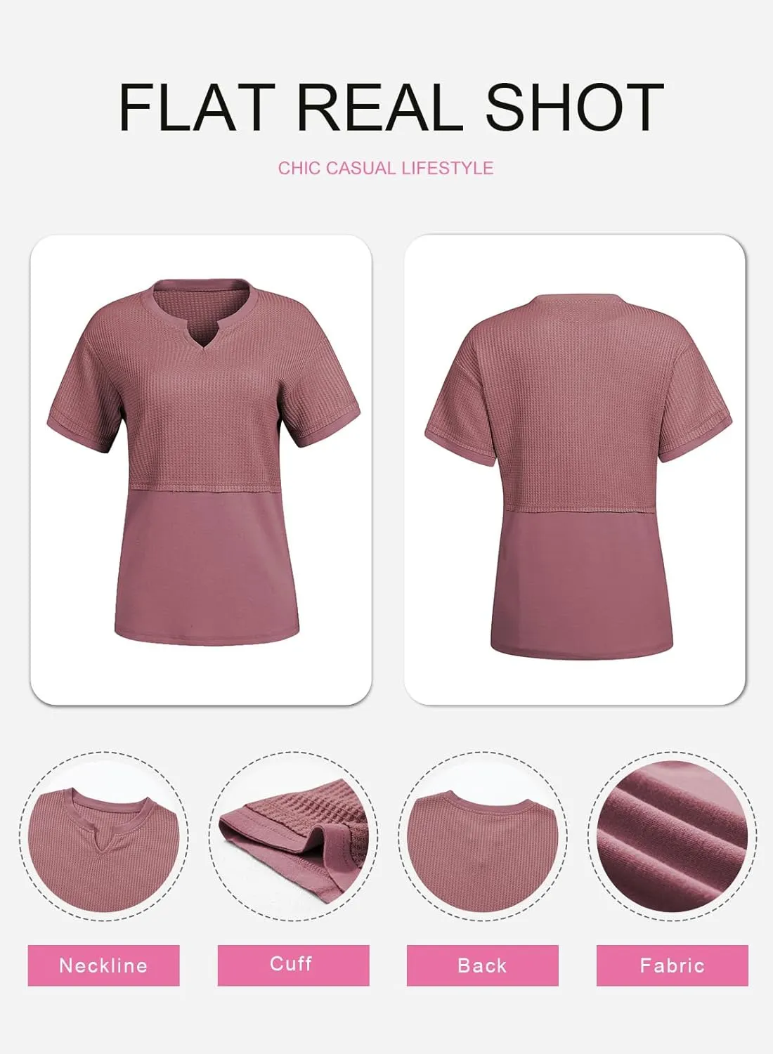 SHEWIN Womens Casual V Neck Waffle Knit Tops Short Sleeve T Shirts Loose Blouses