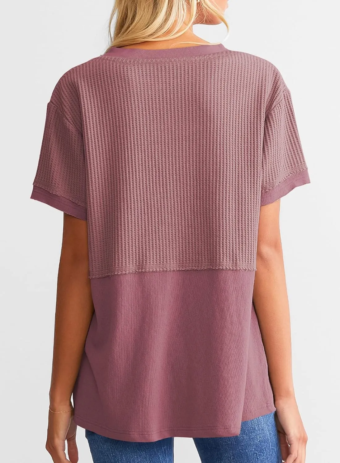 SHEWIN Womens Casual V Neck Waffle Knit Tops Short Sleeve T Shirts Loose Blouses
