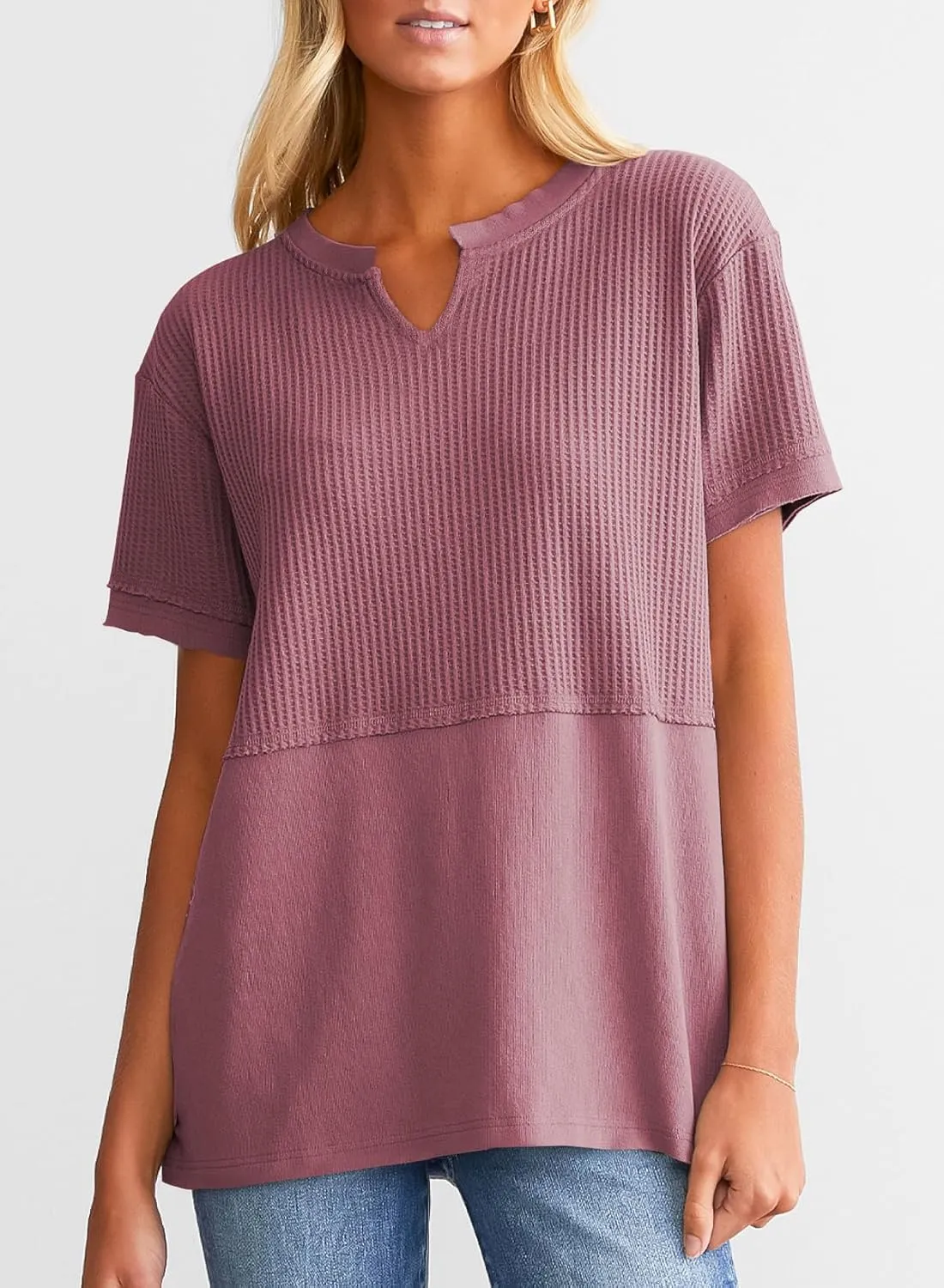 SHEWIN Womens Casual V Neck Waffle Knit Tops Short Sleeve T Shirts Loose Blouses