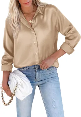 siliteelon Satin Blouses for Women Silk Button Down Shirts Casual Long Sleeve Shirt Business Office Work Tunic Tops