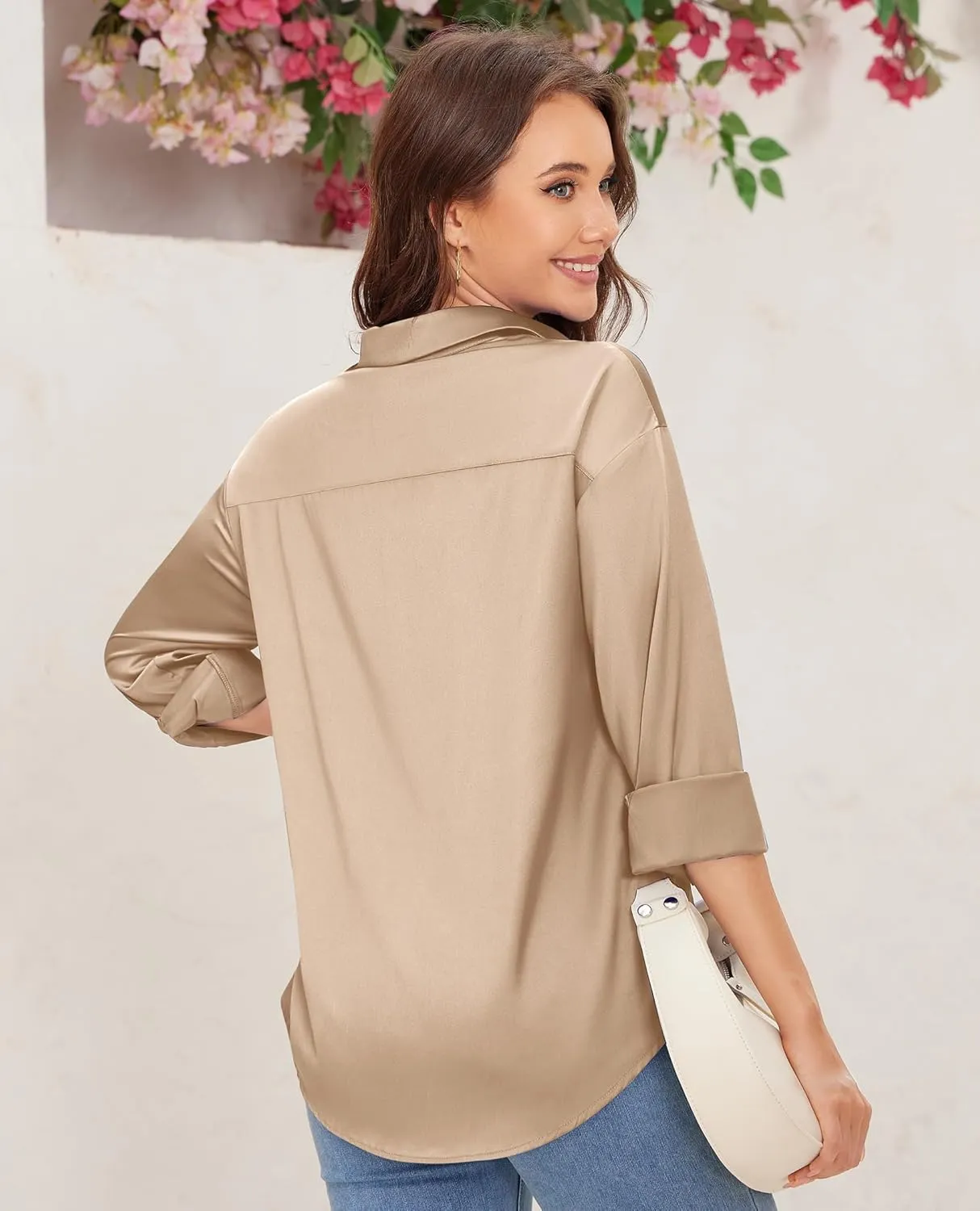 siliteelon Satin Blouses for Women Silk Button Down Shirts Casual Long Sleeve Shirt Business Office Work Tunic Tops