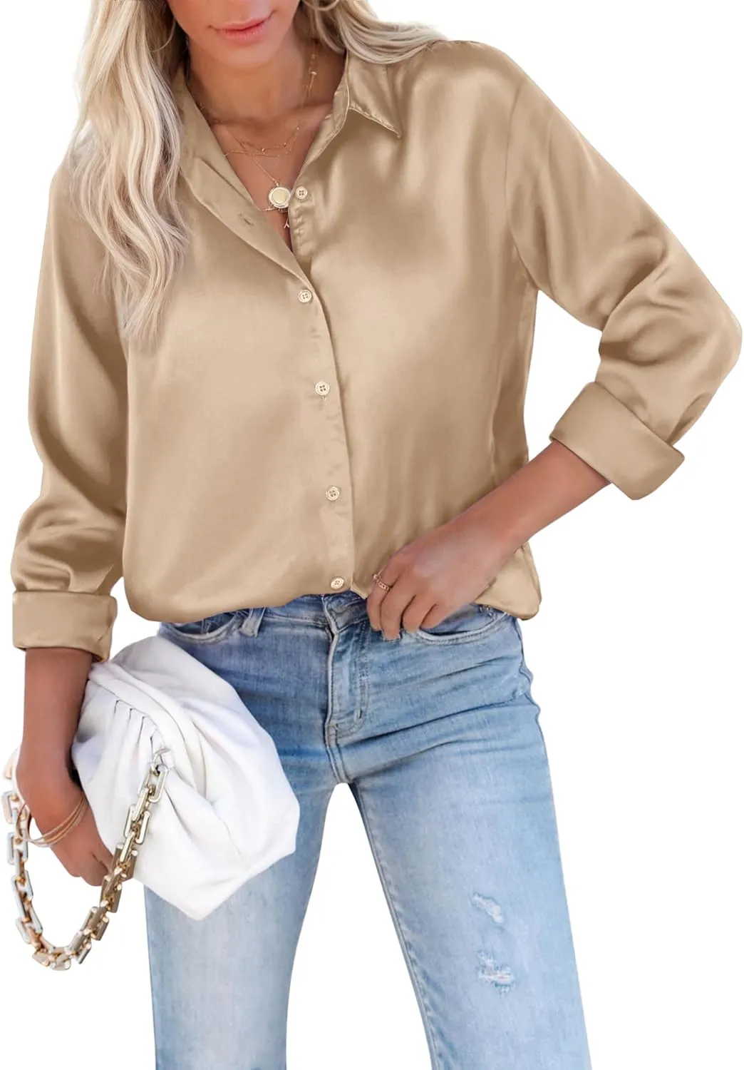 siliteelon Satin Blouses for Women Silk Button Down Shirts Casual Long Sleeve Shirt Business Office Work Tunic Tops