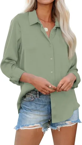 siliteelon Womens Button Down Shirts Solid Dress Shirts Long Sleeve Flowy Collared Work Office Business Blouses Chiffon Tops