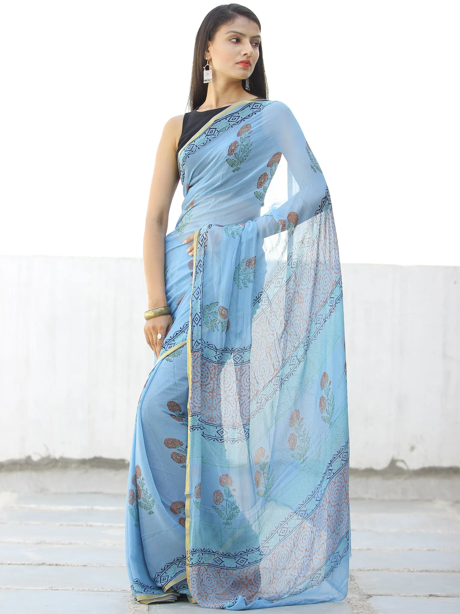 Sky Blue Coral Hand Block Printed Chiffon Saree with Zari Border - S031703974