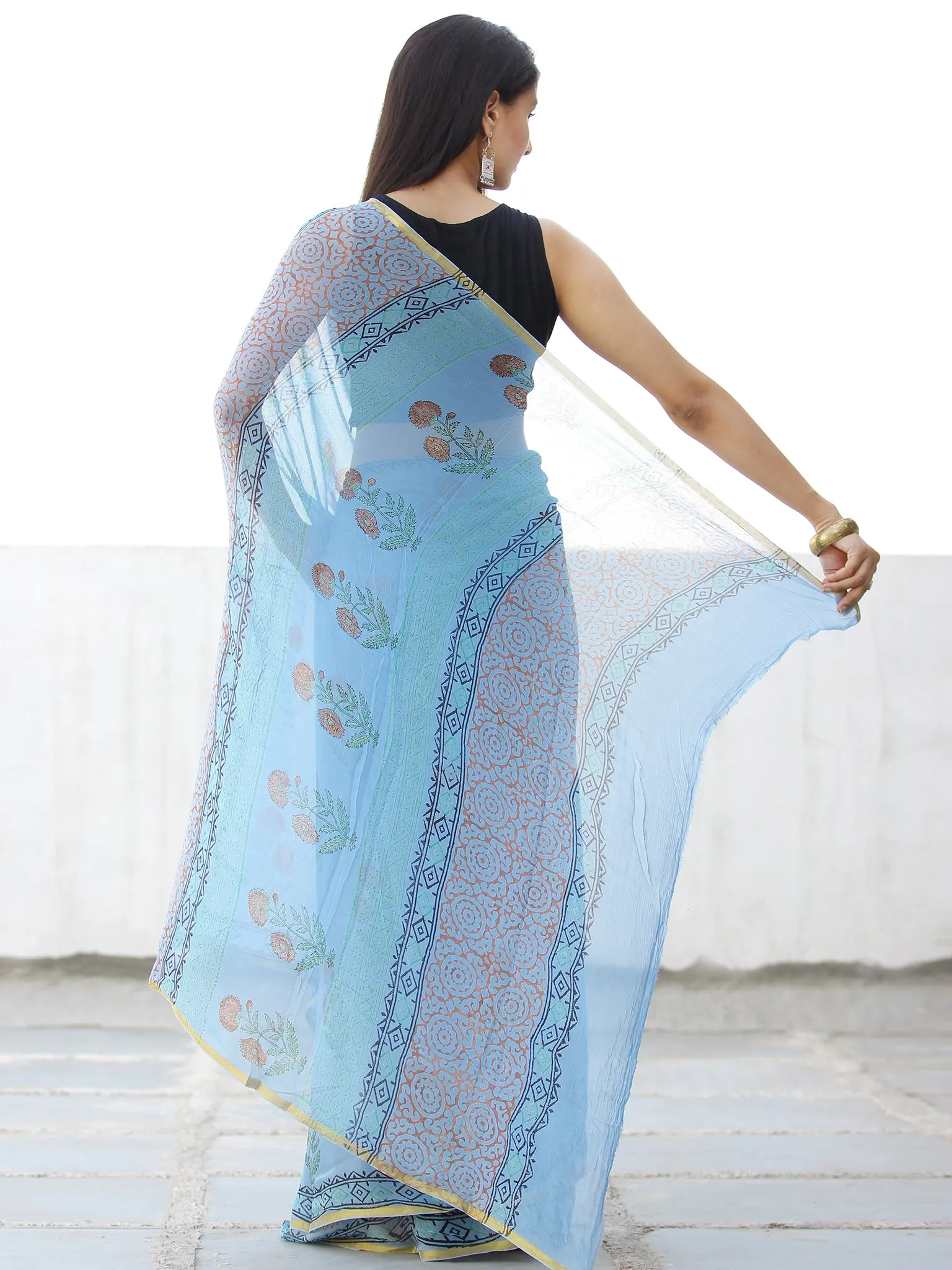 Sky Blue Coral Hand Block Printed Chiffon Saree with Zari Border - S031703974