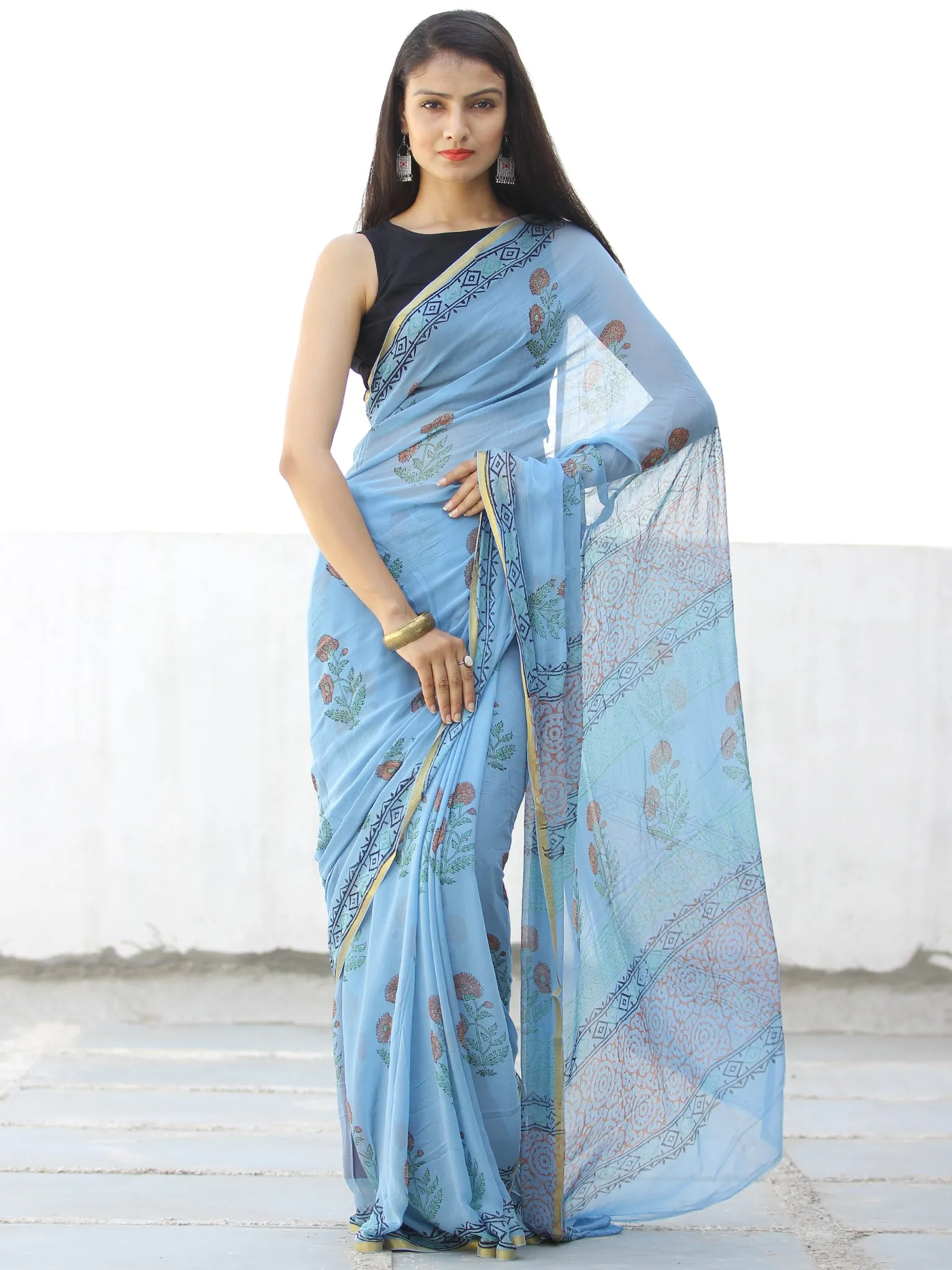 Sky Blue Coral Hand Block Printed Chiffon Saree with Zari Border - S031703974