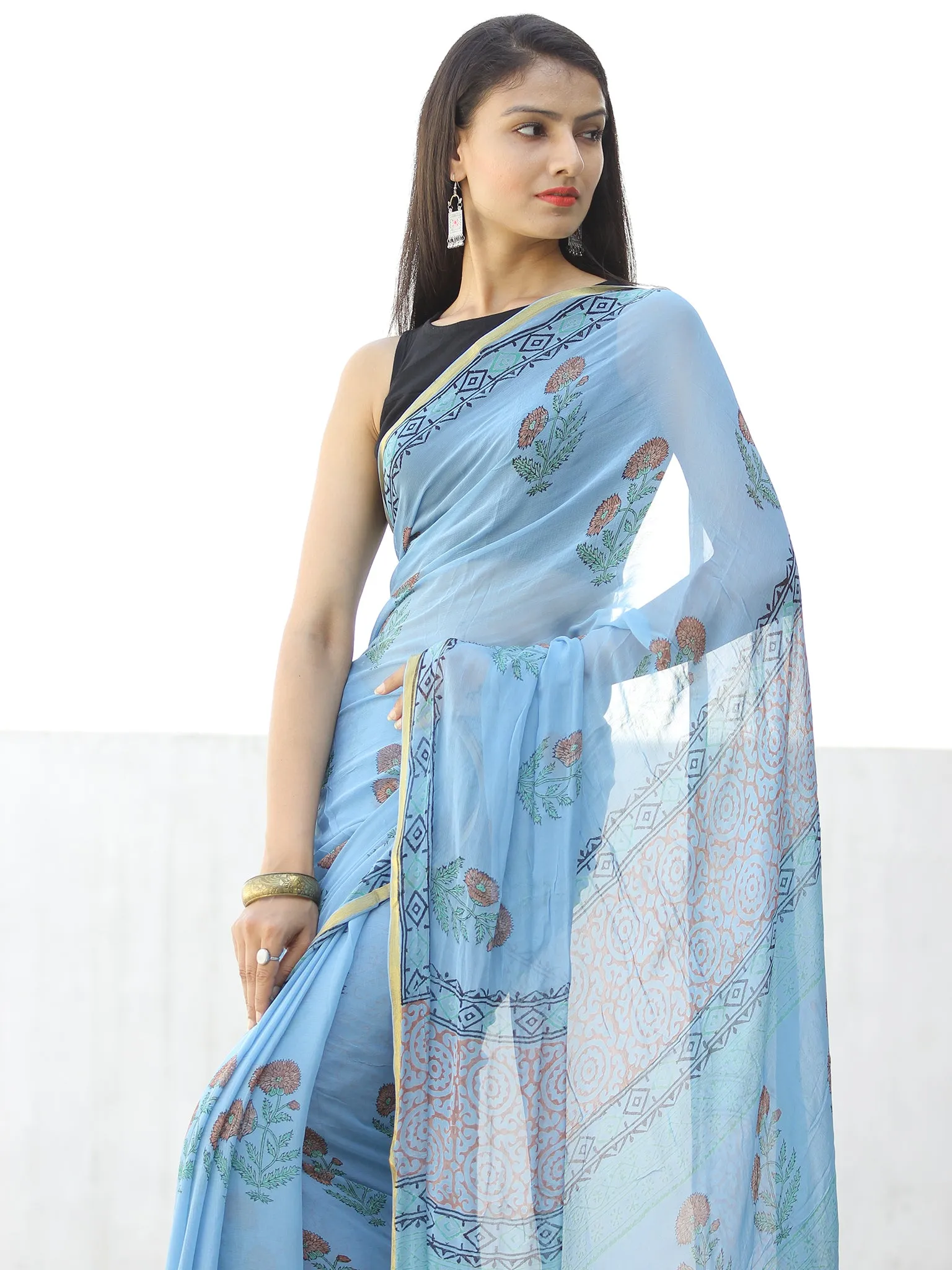 Sky Blue Coral Hand Block Printed Chiffon Saree with Zari Border - S031703974