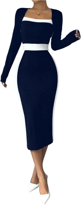 SOLY HUX Women's Midi Dress Color Block Square Neck Long Sleeve Bodycon Dresses