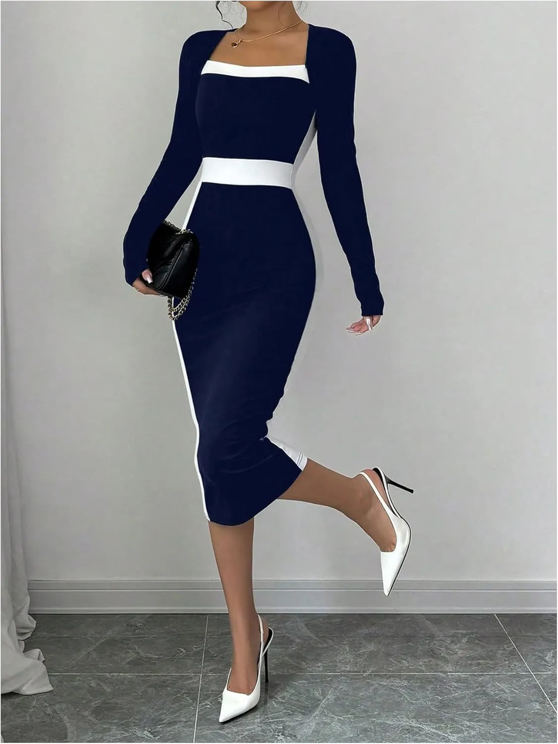 SOLY HUX Women's Midi Dress Color Block Square Neck Long Sleeve Bodycon Dresses