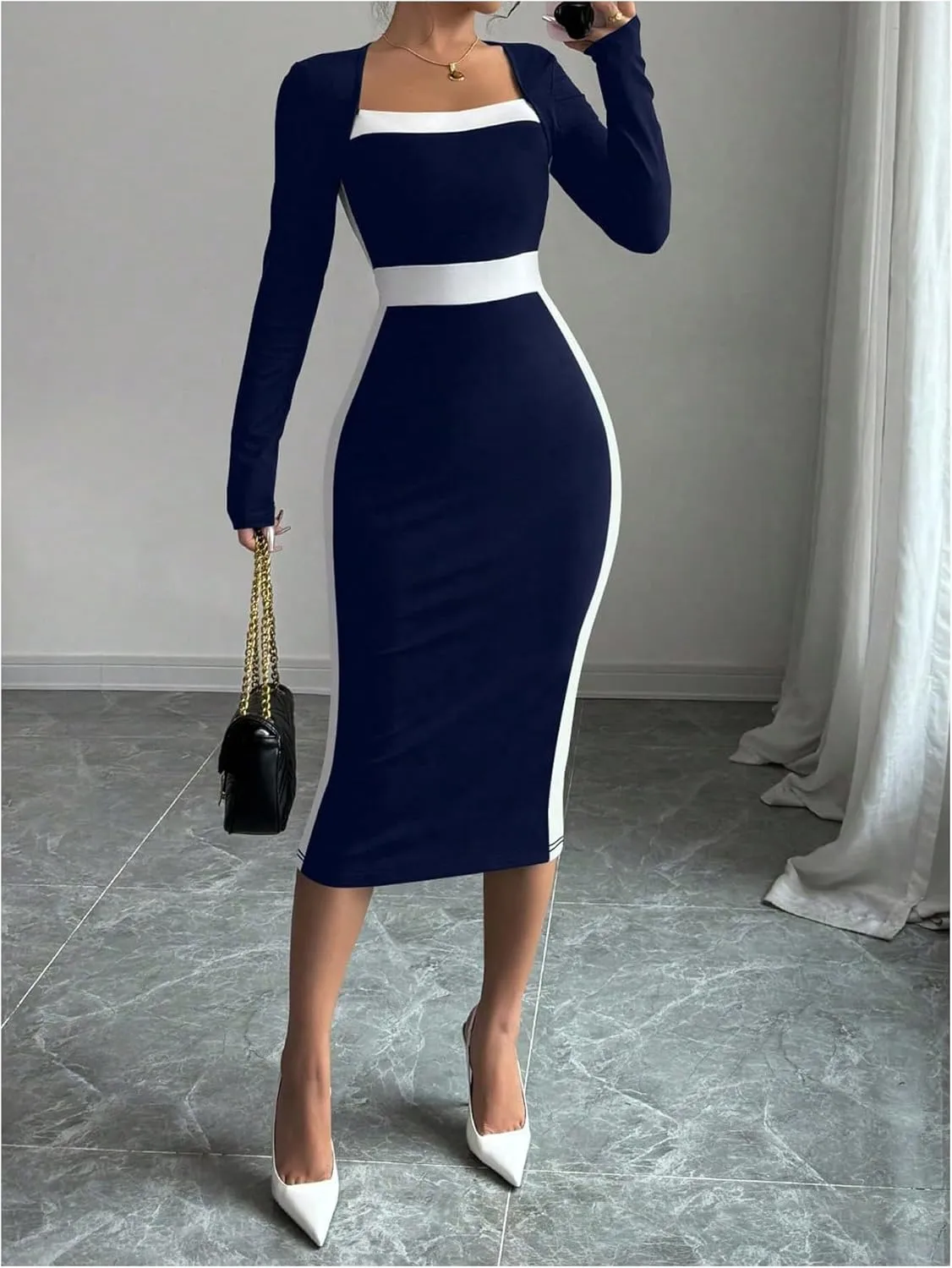 SOLY HUX Women's Midi Dress Color Block Square Neck Long Sleeve Bodycon Dresses