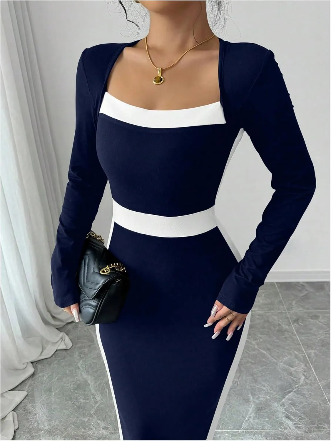 SOLY HUX Women's Midi Dress Color Block Square Neck Long Sleeve Bodycon Dresses