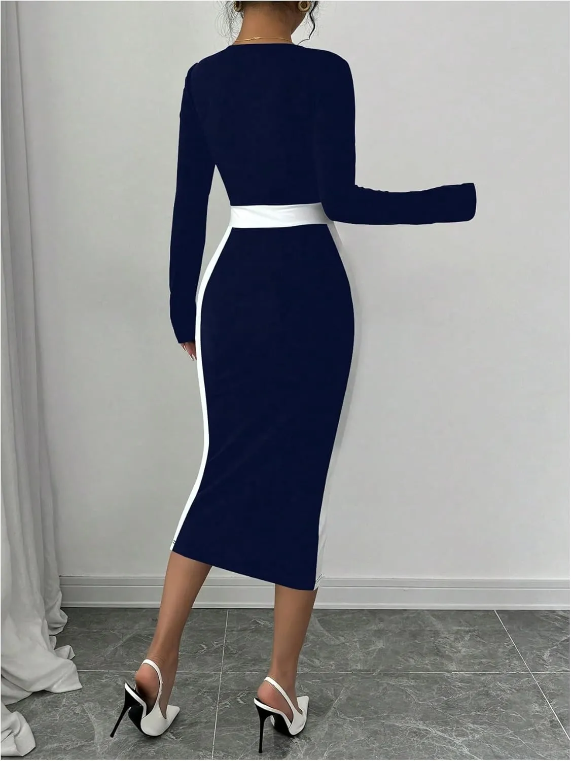 SOLY HUX Women's Midi Dress Color Block Square Neck Long Sleeve Bodycon Dresses