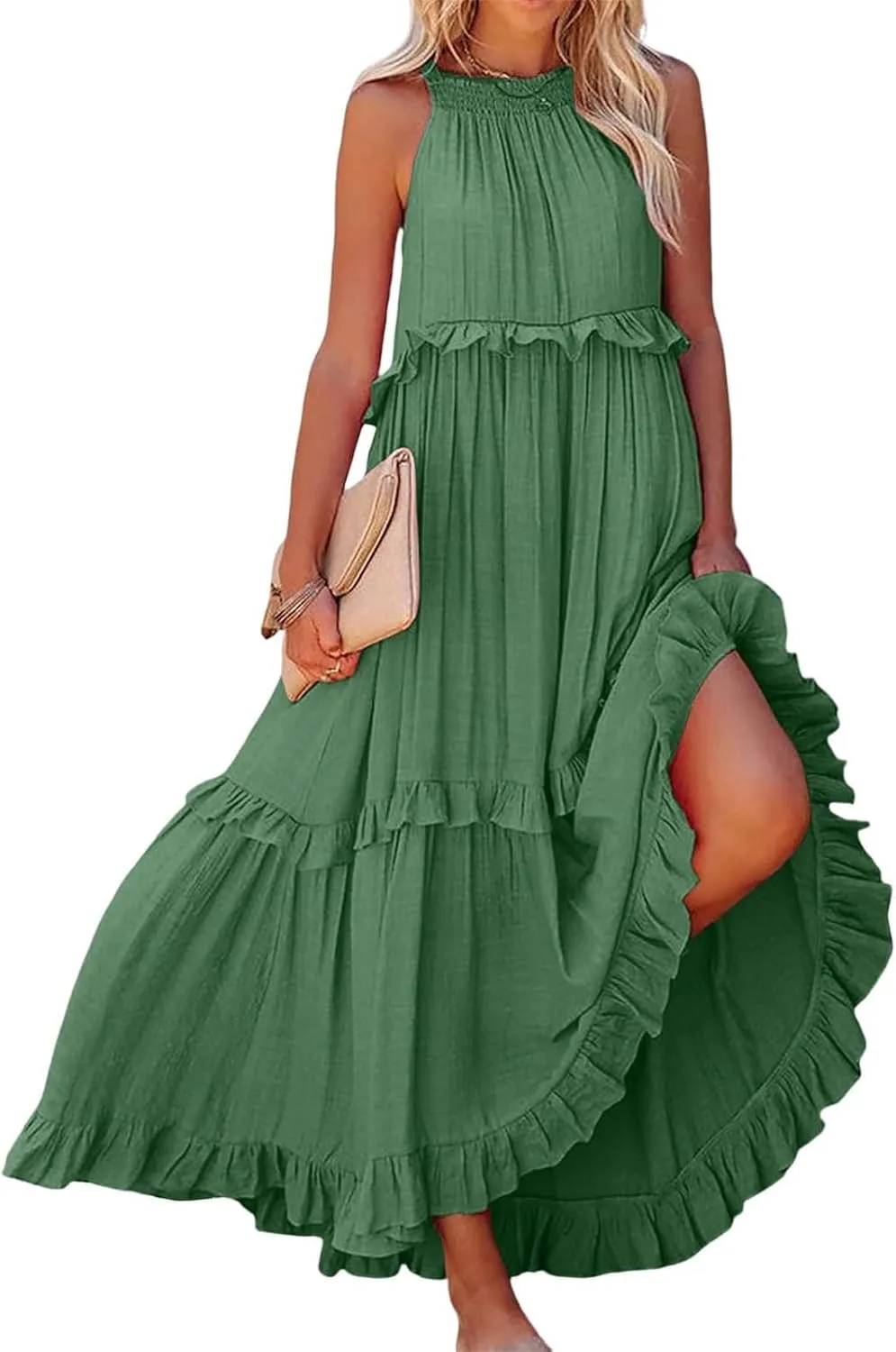 Summer Sleeveless Dress for Women Crew Halter Neck Tiered Pleated Loose Flowy Ruffle Maxi Sundress for Beach Vacation